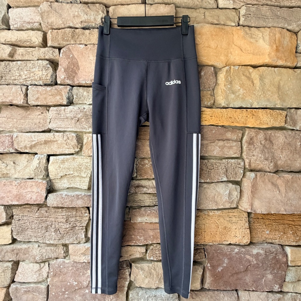 Adidas Women Small Leggings Climalite High Rise 3-Stripe Pockets Gray Athleisure